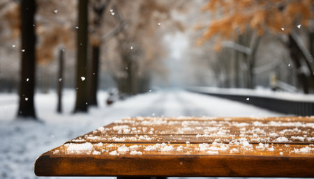 Winter product placement on snowcovered wooden table with forest background and fall foliage.の素材
