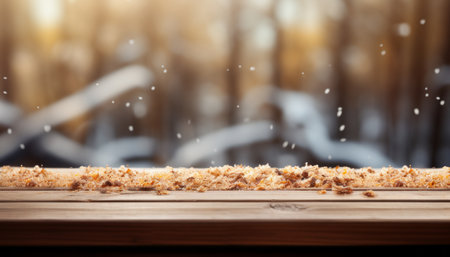 Winter wonderland snowcovered wooden table with blurred forest background. 16k super quality.の素材