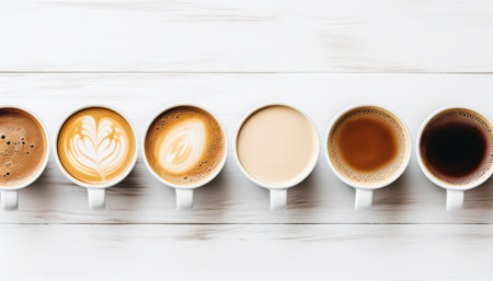 Assorted coffee mugs on white stone table, overhead view, creating a warm and inviting ambianceの素材