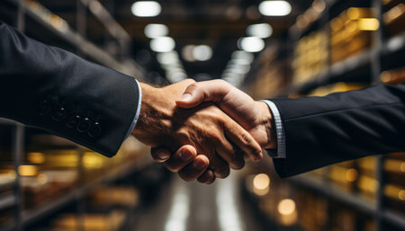 Successful Construction Partnership. Businessman and Engineer Shake Hands at Storehouseの素材