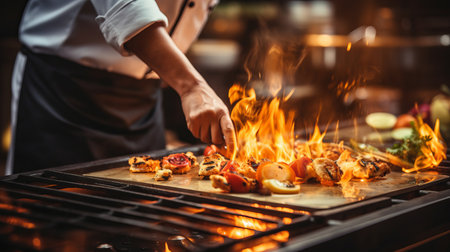 Chef preparing and cooking tiger prawn in modern kitchen with copy space for text placementの素材