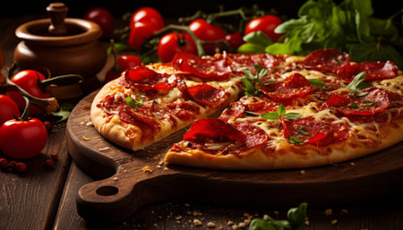 Delight in a mouthwatering, golden crusted pepperoni pizza with bubbling cheese and savory slicesの素材