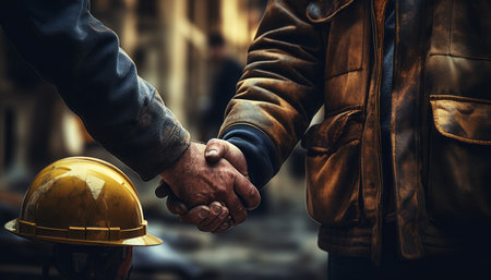 Construction Workers Shaking Hands on Construction Site - Successful Collaborationの素材