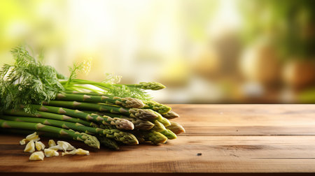 Fresh asparagus on wooden table in kitchen with blurred background for text placementの素材