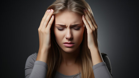 Stressed woman with headache, isolated on gray backgroundportrait of exhausted girl on gray wall.の素材