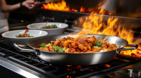 Talented chef preparing tiger prawn in modern kitchen, blurred background with copy spaceの素材