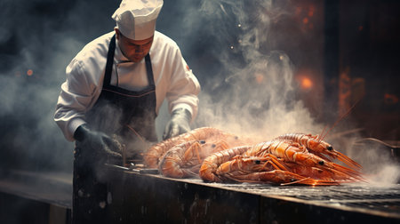 Chef cooking delicious tiger prawn in modern kitchen with blurred background and copy space for textの素材