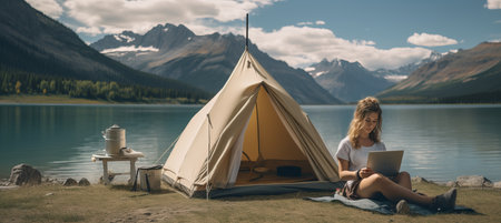 Woman freelancer working online with laptop and enjoying scenic mountain view in natureの素材