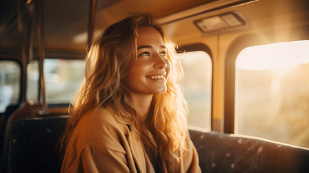 Cheerful woman holding handle on colorful public bus with blurred background and copy spaceの素材