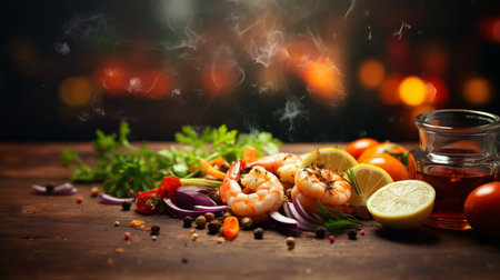 Chef cooking tiger prawn in modern kitchen with blurred background, perfect for text placementの素材