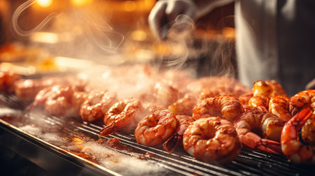 Gourmet chef cooking tiger prawn in modern kitchen with blurred background and text spaceの素材