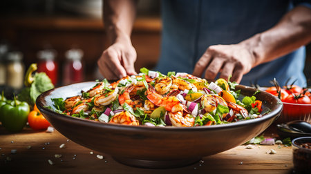 Chef cooking tiger prawn on modern kitchen with blurred background and copy space for textの素材