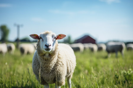 Tranquil Summer Pasture. Serene Sheep Grazing on a Radiant Meadow Under Sunlit Skiesの素材