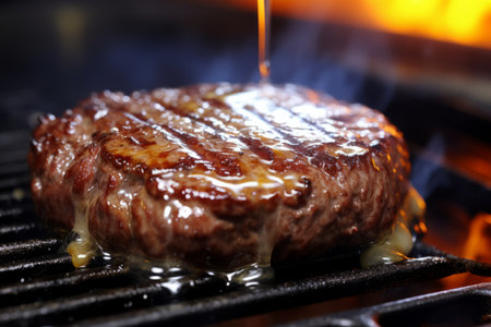 Deliciously seasoned and perfectly grilled juicy meat burger patty sizzling on a hot panの素材