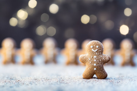 Festive gingerbread man cookie with cocoa splash on wooden table, blurred lights backgroundの素材