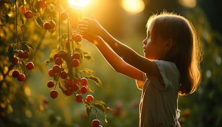 Delighted childs hand carefully plucking a ripe, juicy apple from a vibrant apple treeの素材