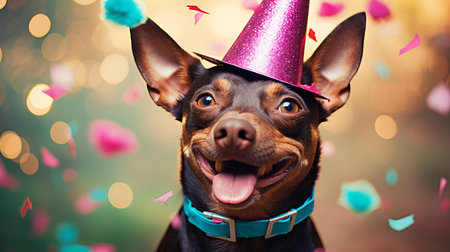Happy dog celebrating birthday party with party hat and falling confetti on pastel backgroundの素材