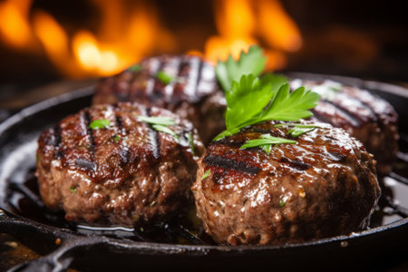 Mouthwatering grilled beef burger patty with tantalizing juiciness sizzling on the hot panの素材