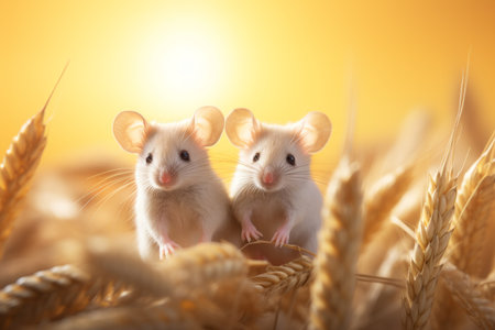 Cute and playful two delightful little mice joyfully exploring a breathtaking wheat fieldの素材