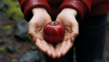 Childs fingers carefully plucking a ripe, juicy red apple from a vibrant and flourishing apple treeの素材