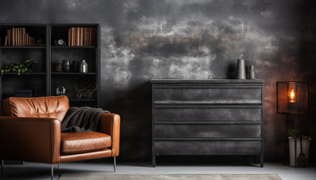 Contemporary black themed living room interior with captivating artwork adorning the wallの素材