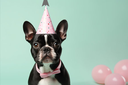Happy dog celebrating birthday party with confetti and party hat on pastel backgroundの素材