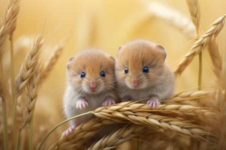 Charming and curious little mice enjoying a delightful adventure in a picturesque wheat fieldの素材