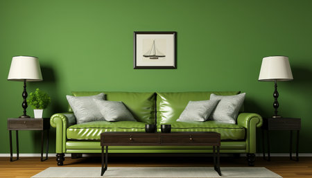 Contemporary and stylish living room interior with green tone colors and artistic wall decorationsの素材