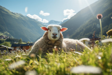 Serene White Sheep peacefully lying down in a lush green meadow on a bright summer dayの素材