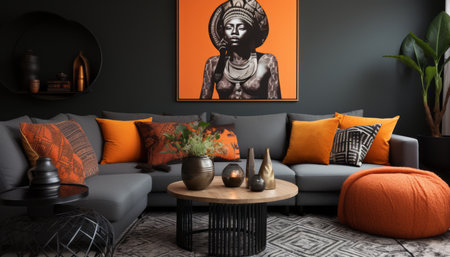 Elegant and stylish modern living room interior with black tone colors and artwork adorning the wallの素材