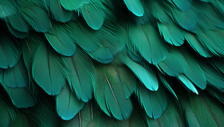 Vibrant green feather texture background featuring detailed digital art of magnificent bird feathersの素材