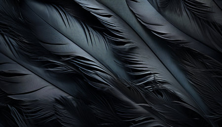 Intricate black feathers texture background with detailed digital art of big bird feathersの素材