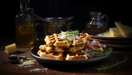 Savory ham and gooey cheese stuffed waffles, expertly arranged and ready to be savored and enjoyedの素材