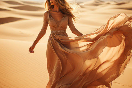 Fashion model striking a pose in flowing dress against desert landscape on sunlit dayの素材