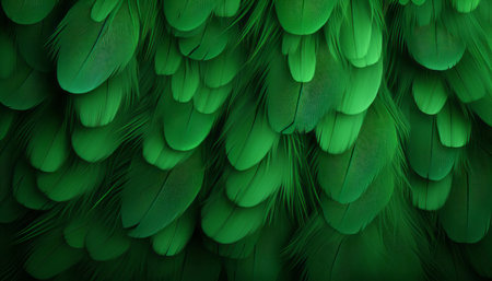 Detailed digital art of green feathers texture background showcasing large bird feathersの素材
