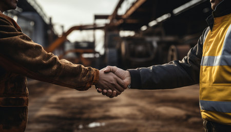 Successful Collaboration. Worker and Engineer Shake Hands at Construction Siteの素材