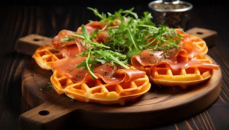 Delicious ham and cheese filled waffles   tasty and artfully arranged for a gourmet treatの素材
