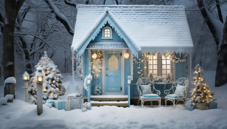 Cozy and charming christmas cottage adorned with festive decorations, lights, and snowy surroundingsの素材