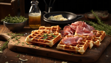 Delectable ham and cheese filled waffles, expertly plated and ready to be savored with delightの素材