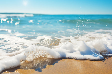 Idyllic tropical beach scene with soft golden sand shimmering in the radiant summer sunlightの素材