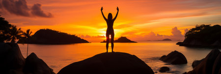 Serenity in motion woman gracefully practicing yoga with a stunning seashore view in the backgroundの素材