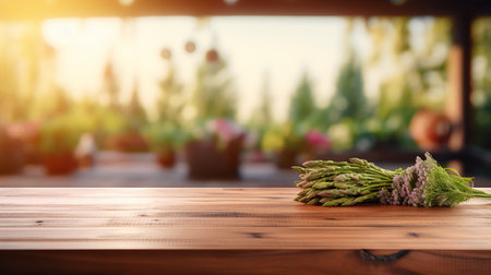 Fresh green asparagus on wooden table with blurred background and copy space for text placementの素材
