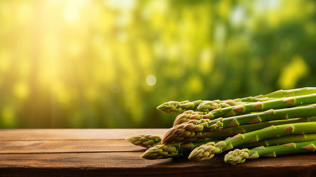 Fresh asparagus on wooden table with blurred kitchen background, copy space for text placementの素材