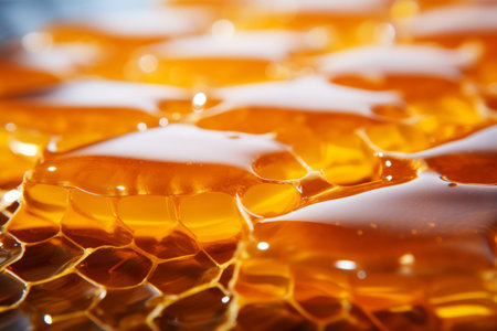 Golden honey and intricate honeycomb abstract background with buzzing bees and sweet nectarの素材