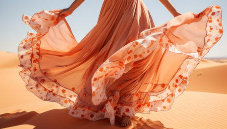 Fashion model in tight long dress poses gracefully in desert sand, with dress fluttering in the windの素材