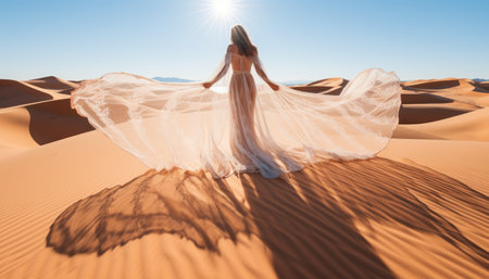 Fashion model in tight long dress poses in desert sand on sunny day, exuding eleganceの素材