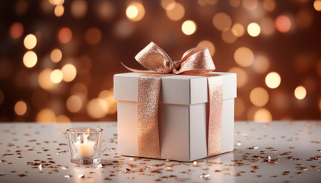 Elegant gift box with white box, red ribbon, and mesmerizing festive lights in soft, luminous huesの素材