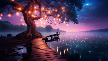 Tranquil lakeside scene at dusk with wooden dock, twinkling stars, and full moon casting a warm glowの素材