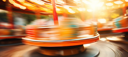 Vibrant seaside carnival with blurred rides and energetic crowds for event advertisingの素材