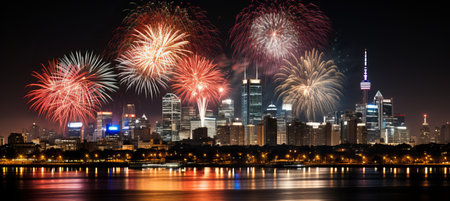 Retro futuristic metropolis  neon lights, skyscrapers, and hovercars in a firework filled night skyの素材